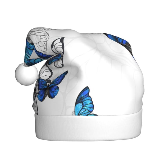 Kowoue Blue Flying Butterflies Pattern Santa Hat Christmas Hats for Adults, Holiday Unisex Velvet Comfort Xmas Hat for Women Men