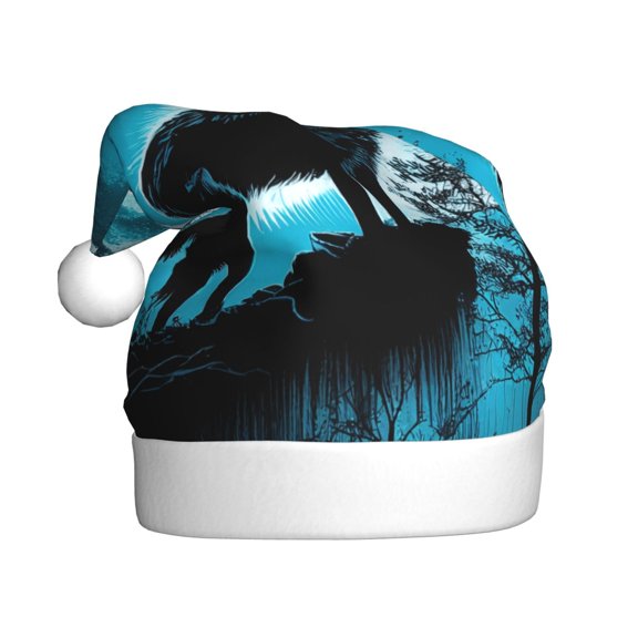 Kowoue Blue Full Moon Wolf Pattern Santa Hat Christmas Hats for Adults, Holiday Unisex Velvet Comfort Xmas Hat for Women Men