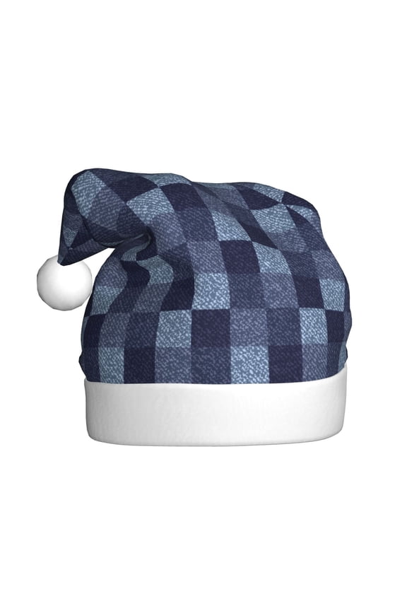 Blue Gingham Buffalo Check Pattern Santa Hat Christmas Hats for Adults, Holiday Unisex Velvet Comfort Xmas Hat for Women Men