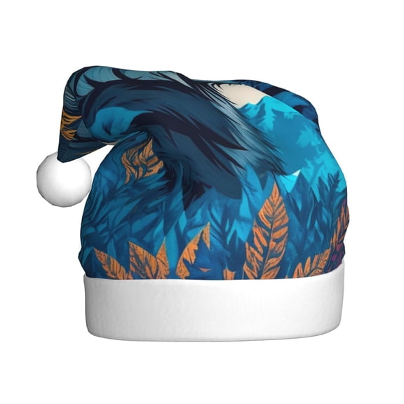 Kowoue Blue Iceberg Leaf Wolf Pattern Santa Hat Christmas Hats for Adults, Holiday Unisex Velvet Comfort Xmas Hat for Women Men