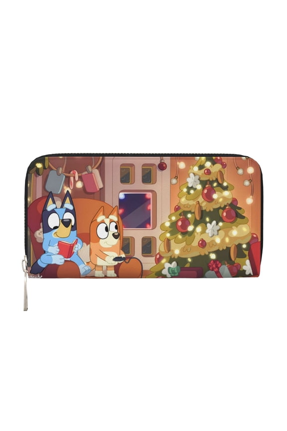 Bluey Pattern Genuine Leather Long Wallet Card holder Wallet with Coin Pocket Wristlet Clutch Wallet Purse