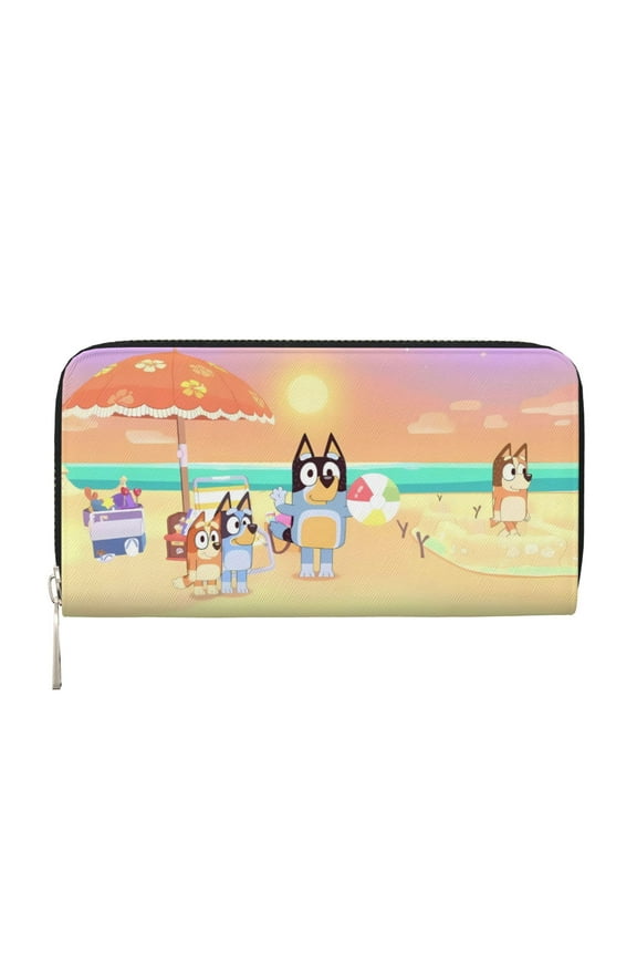 Bluey Pattern Genuine Leather Long Wallet Card holder Wallet with Coin Pocket Wristlet Clutch Wallet Purse