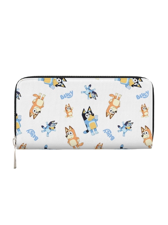 Bluey Pattern Genuine Leather Long Wallet Card holder Wallet with Coin Pocket Wristlet Clutch Wallet Purse