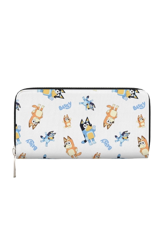Bluey Pattern Genuine Leather Long Wallet Card holder Wallet with Coin Pocket Wristlet Clutch Wallet Purse