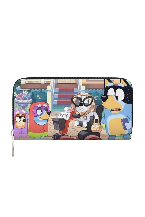 Bluey Pattern Genuine Leather Long Wallet Card holder Wallet with Coin Pocket Wristlet Clutch Wallet Purse
