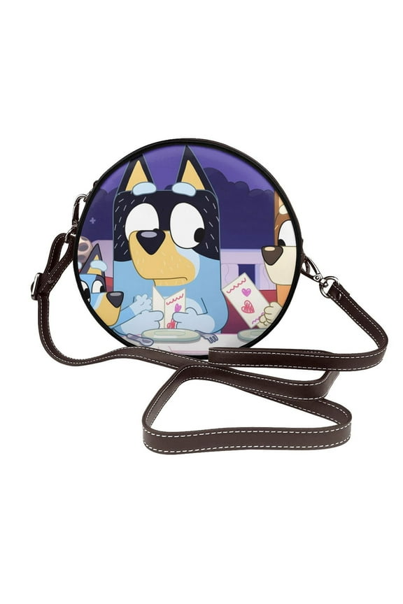 Bluey Pattern Leather Crossbody Bags for Women Trendy Circle Cross Body Shoulder Bag Circle Purse Shoulder Bag