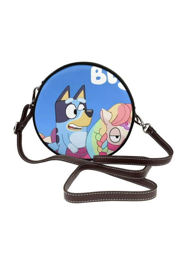 Bluey Pattern Leather Crossbody Bags for Women Trendy Circle Cross Body Shoulder Bag Circle Purse Shoulder Bag