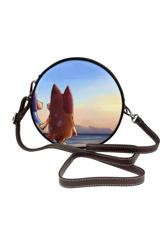 Bluey Pattern Leather Crossbody Bags for Women Trendy Circle Cross Body Shoulder Bag Circle Purse Shoulder Bag