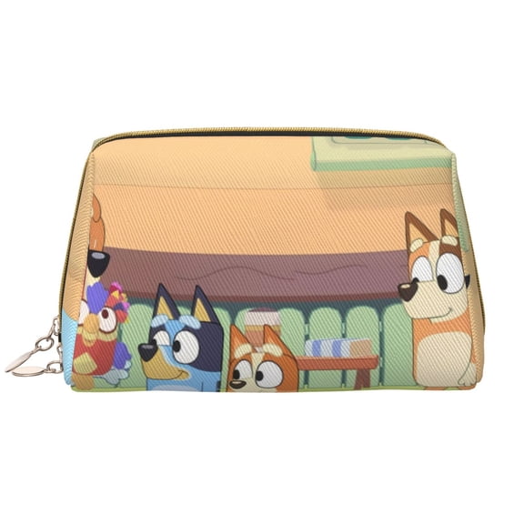 Kowoue Bluey Pattern Leather Makeup Bag – Portable Leather Cosmetic Organizer, Travel Makeup Pouch Compact Makeup Bag