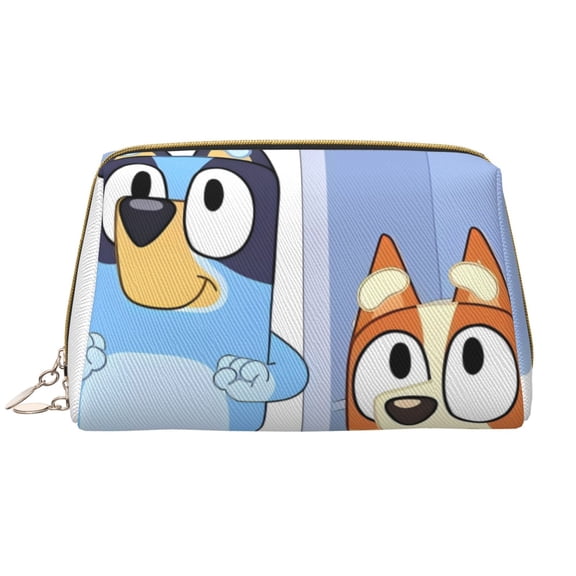 Kowoue Bluey Pattern Leather Makeup Bag – Portable Leather Cosmetic Organizer, Travel Makeup Pouch Compact Makeup Bag