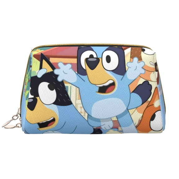 Kowoue Bluey Pattern Leather Makeup Bag – Portable Leather Cosmetic Organizer, Travel Makeup Pouch Compact Makeup Bag