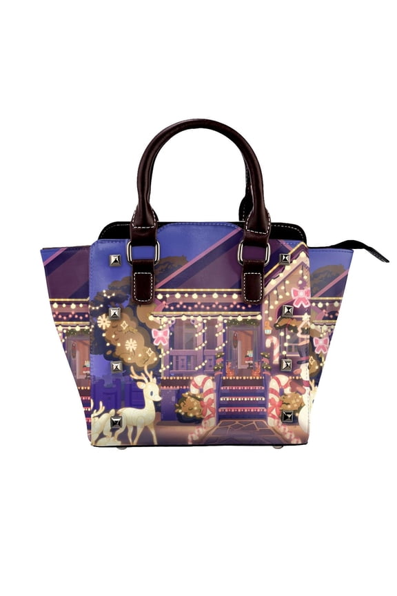 Bluey Pattern Leather Rivet Shoulder Bag Rivet Studded Detail Hobo Handle Handbag Twist Lock Flap Shoulder Bag