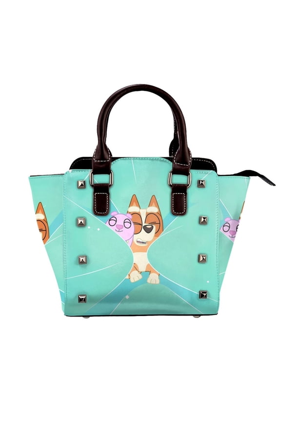 Bluey Pattern Leather Rivet Shoulder Bag Rivet Studded Detail Hobo Handle Handbag Twist Lock Flap Shoulder Bag