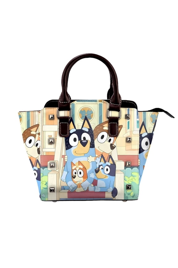 Bluey Pattern Leather Rivet Shoulder Bag Rivet Studded Detail Hobo Handle Handbag Twist Lock Flap Shoulder Bag