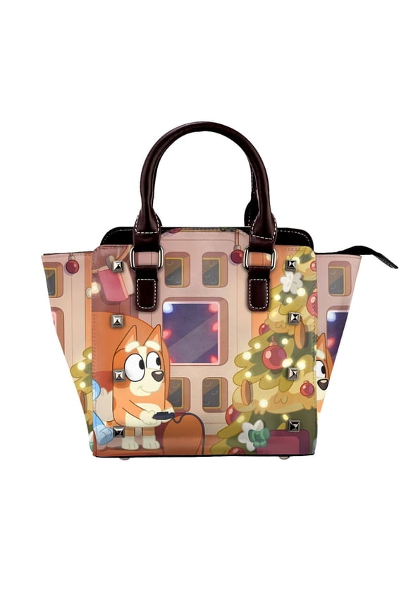 Bluey Pattern Leather Rivet Shoulder Bag Rivet Studded Detail Hobo Handle Handbag Twist Lock Flap Shoulder Bag