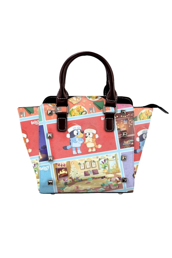 Bluey Pattern Leather Rivet Shoulder Bag Rivet Studded Detail Hobo Handle Handbag Twist Lock Flap Shoulder Bag