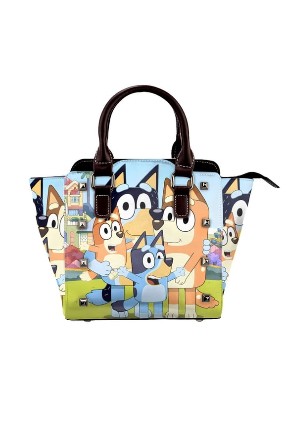 Bluey Pattern Leather Rivet Shoulder Bag Rivet Studded Detail Hobo Handle Handbag Twist Lock Flap Shoulder Bag