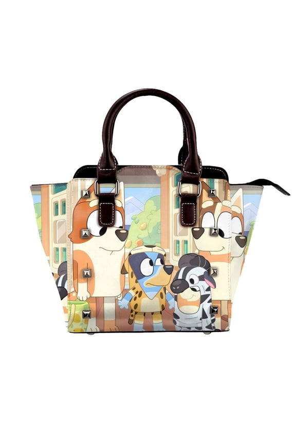 Bluey Pattern Leather Rivet Shoulder Bag Rivet Studded Detail Hobo Handle Handbag Twist Lock Flap Shoulder Bag