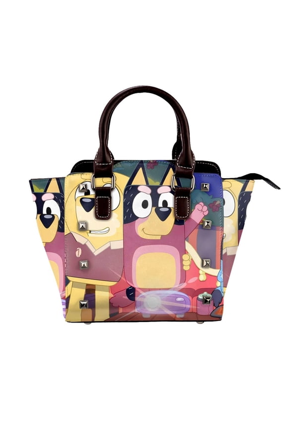 Bluey Pattern Leather Rivet Shoulder Bag Rivet Studded Detail Hobo Handle Handbag Twist Lock Flap Shoulder Bag