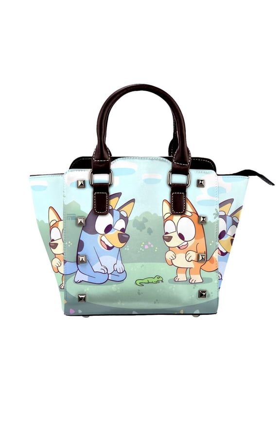 Bluey Pattern Leather Rivet Shoulder Bag Rivet Studded Detail Hobo Handle Handbag Twist Lock Flap Shoulder Bag