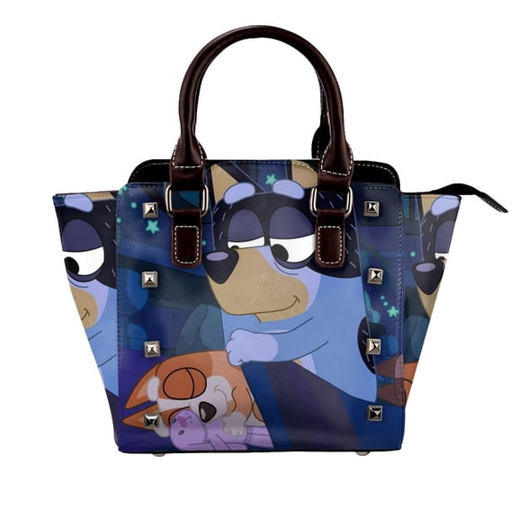 Kowoue Bluey Pattern Leather Rivet Shoulder Bag Rivet Studded Detail Hobo Handle Handbag Twist Lock Flap Shoulder Bag