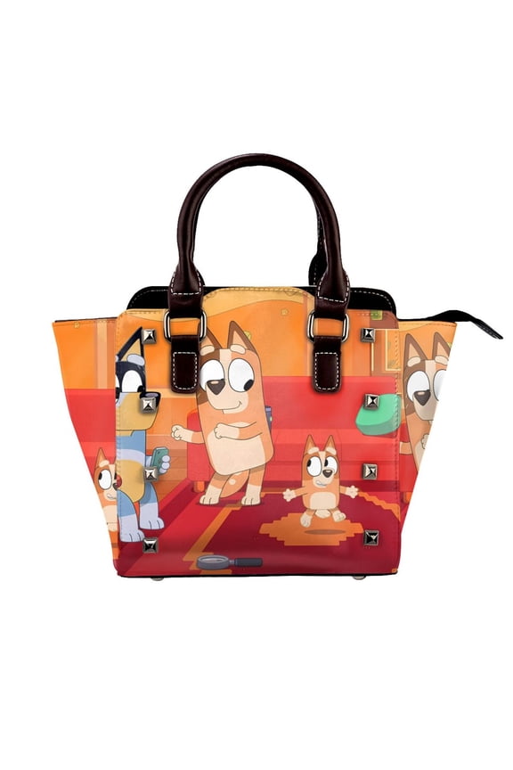 Bluey Pattern Leather Rivet Shoulder Bag Rivet Studded Detail Hobo Handle Handbag Twist Lock Flap Shoulder Bag