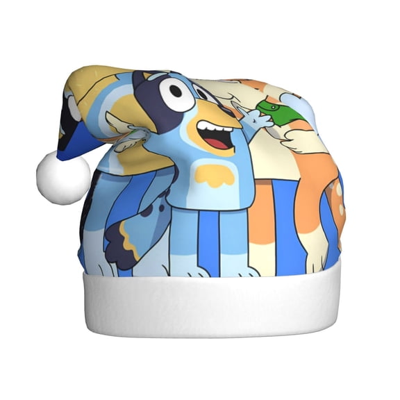Kowoue Bluey Pattern Santa Hat Christmas Hats for Adults, Holiday Unisex Velvet Comfort Xmas Hat for Women Men