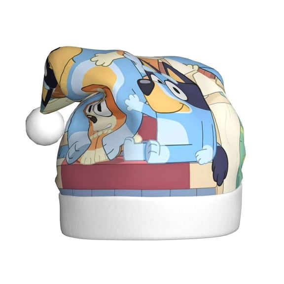 Kowoue Bluey Pattern Santa Hat Christmas Hats for Adults, Holiday Unisex Velvet Comfort Xmas Hat for Women Men