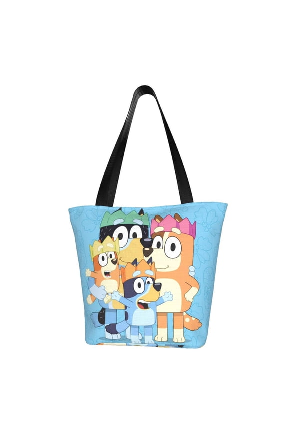 Bluey Pattern Tote Bag Aesthetic Shoulder Bag, Grocery Tote with Shoulder Straps, Large Collapsible Tote with Protective Foam Lining
