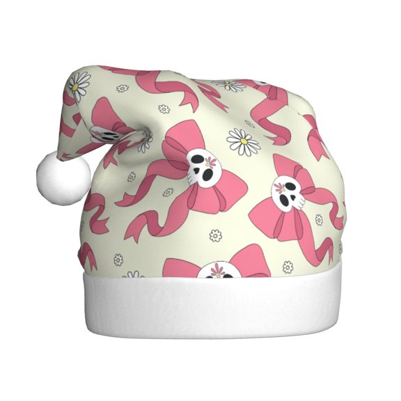 Kowoue Bow With Sugar Skull Pattern Santa Hat Christmas Hats for Adults, Holiday Unisex Velvet Comfort Xmas Hat for Women Men