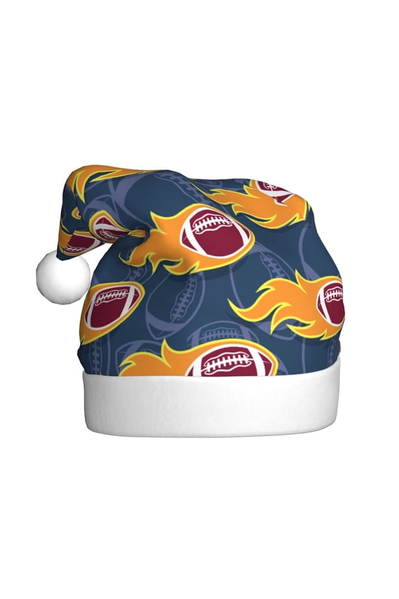 Burning Rugby Balls Pattern Santa Hat Christmas Hats for Adults, Holiday Unisex Velvet Comfort Xmas Hat for Women Men