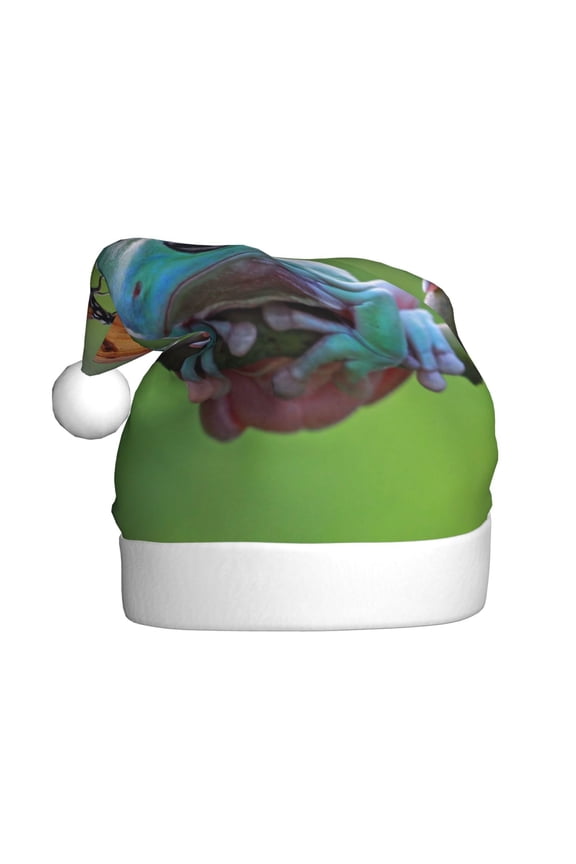 Butterfly Landing On Head Dumpy Frog Pattern Santa Hat Christmas Hats for Adults, Holiday Unisex Velvet Comfort Xmas Hat for Women Men