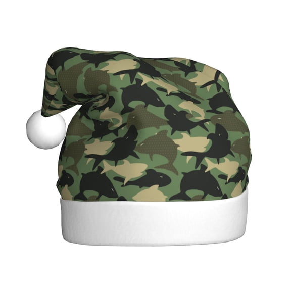 Kowoue Camouflage Shark Pattern Santa Hat Christmas Hats for Adults, Holiday Unisex Velvet Comfort Xmas Hat for Women Men