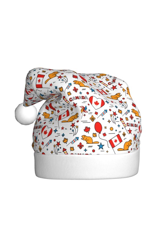 Canada Day Pattern Santa Hat Christmas Hats for Adults, Holiday Unisex Velvet Comfort Xmas Hat for Women Men