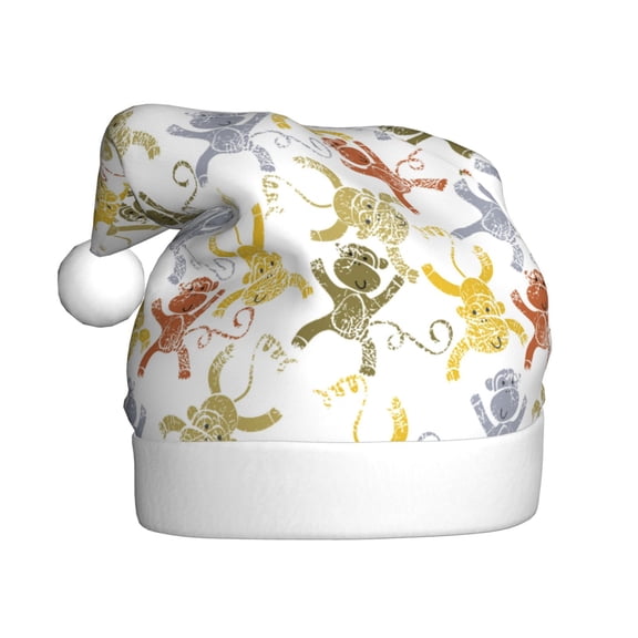 Kowoue Cartoon Monkey Pattern Santa Hat Christmas Hats for Adults, Holiday Unisex Velvet Comfort Xmas Hat for Women Men