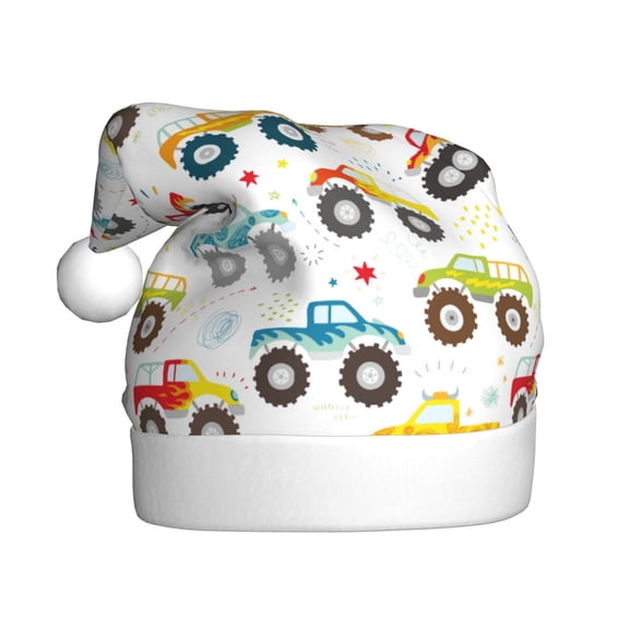 Kowoue Cartoon Monster Trucks Pattern Santa Hat Christmas Hats for Adults, Holiday Unisex Velvet Comfort Xmas Hat for Women Men