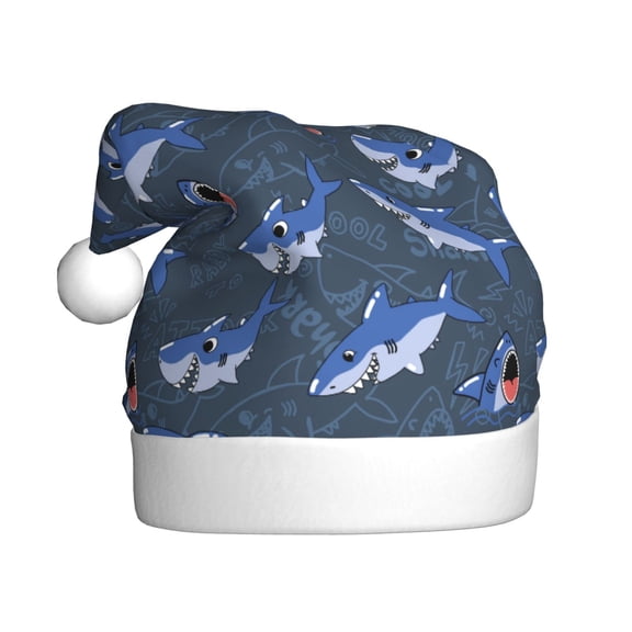 Kowoue Cartoon Shark Pattern Santa Hat Christmas Hats for Adults, Holiday Unisex Velvet Comfort Xmas Hat for Women Men