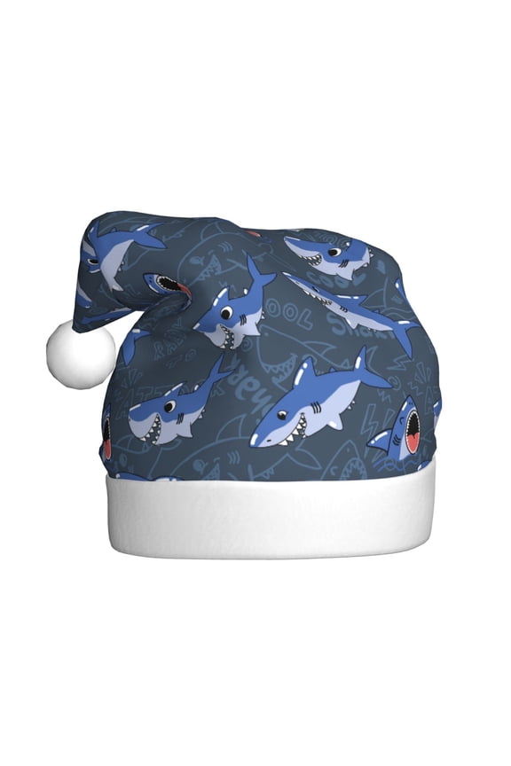 Cartoon Shark Pattern Santa Hat Christmas Hats for Adults, Holiday Unisex Velvet Comfort Xmas Hat for Women Men