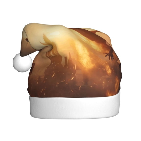 Kowoue Castle Cool Fire Dragon Pattern Santa Hat Christmas Hats for Adults, Holiday Unisex Velvet Comfort Xmas Hat for Women Men