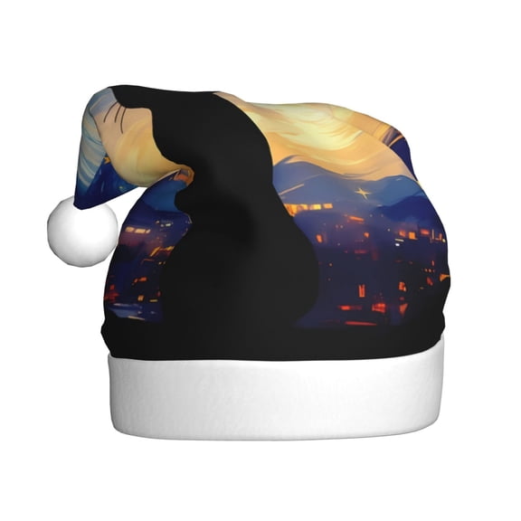 Kowoue Cat Under Starry Skies Pattern Santa Hat Christmas Hats for Adults, Holiday Unisex Velvet Comfort Xmas Hat for Women Men