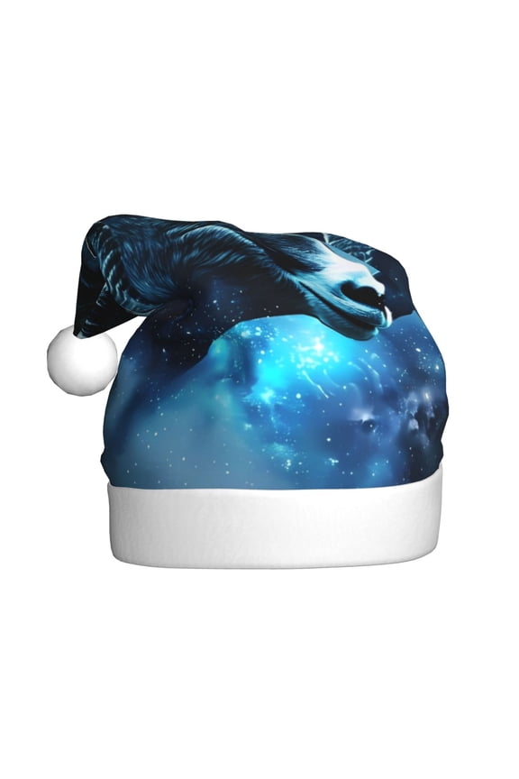 Celestial Ram Night Sky Pattern Santa Hat Christmas Hats for Adults, Holiday Unisex Velvet Comfort Xmas Hat for Women Men