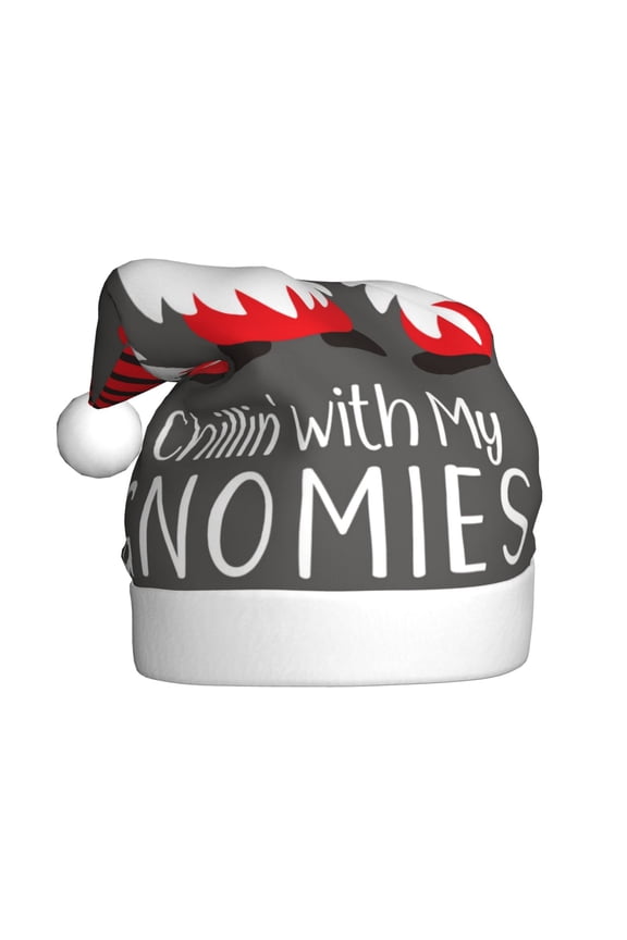 Chillin with My Gonme Pattern Santa Hat Christmas Hats for Adults, Holiday Unisex Velvet Comfort Xmas Hat for Women Men