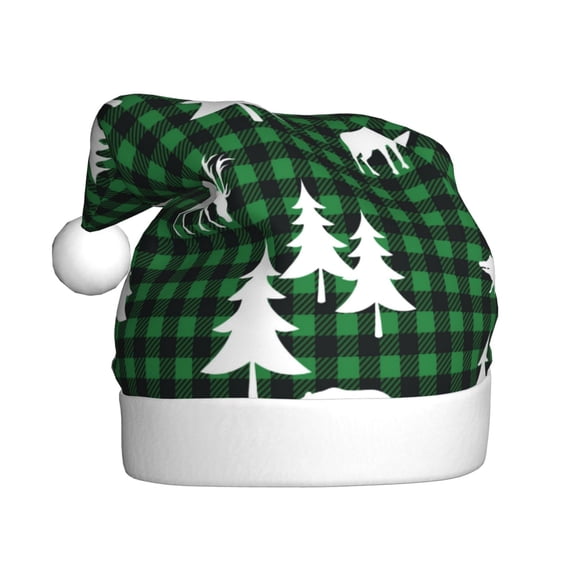 Kowoue Christmas tree green plaid Pattern Santa Hat Christmas Hats for Adults, Holiday Unisex Velvet Comfort Xmas Hat for Women Men