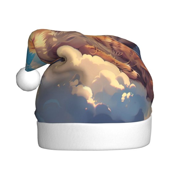 Kowoue Cloud Sleeping Cat Pattern Santa Hat Christmas Hats for Adults, Holiday Unisex Velvet Comfort Xmas Hat for Women Men