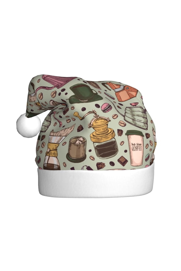Coffee pots cup Pattern Santa Hat Christmas Hats for Adults, Holiday Unisex Velvet Comfort Xmas Hat for Women Men