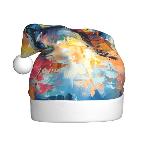 Kowoue Colorful Fishing Boats Pattern Santa Hat Christmas Hats for Adults, Holiday Unisex Velvet Comfort Xmas Hat for Women Men