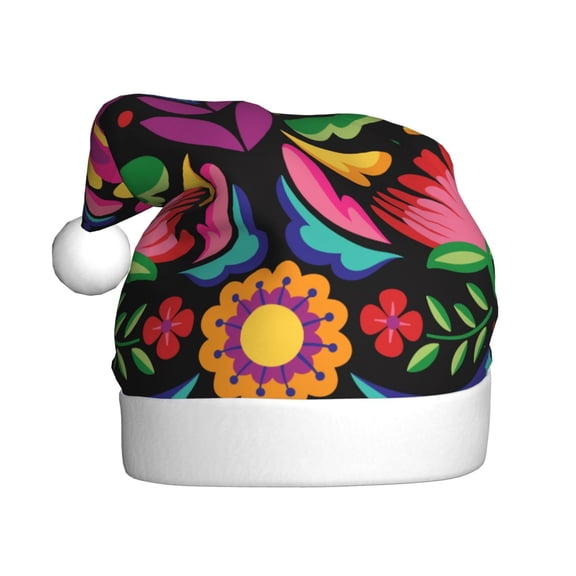 Kowoue Colorful Floral Embroidery Mexican Pattern Santa Hat Christmas Hats for Adults, Holiday Unisex Velvet Comfort Xmas Hat for Women Men