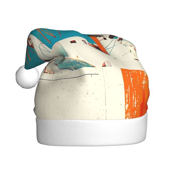 Kowoue Colorful Greek Windmills Pattern Santa Hat Christmas Hats for Adults, Holiday Unisex Velvet Comfort Xmas Hat for Women Men