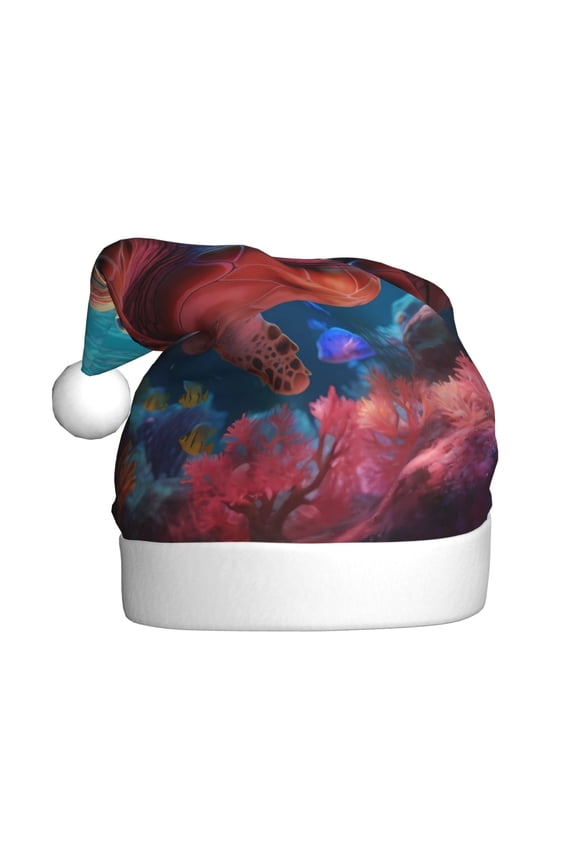 Colorful Ocean Sea Turtle Pattern Santa Hat Christmas Hats for Adults, Holiday Unisex Velvet Comfort Xmas Hat for Women Men
