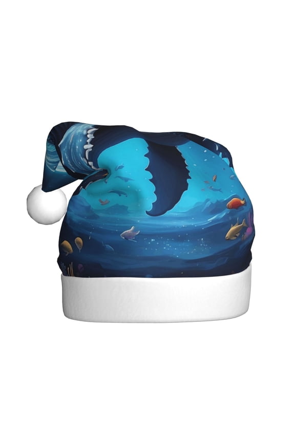 Colorful Ocean Whale Pattern Santa Hat Christmas Hats for Adults, Holiday Unisex Velvet Comfort Xmas Hat for Women Men